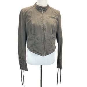 Free People Fitted Moto Biker Utility Jacket Women’s 10/Med Olive Green Tie Cuff
